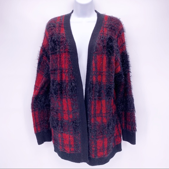 Tobi Red and Black Plaid Fuzzy Cardigan Sweater - Picture 1 of 6